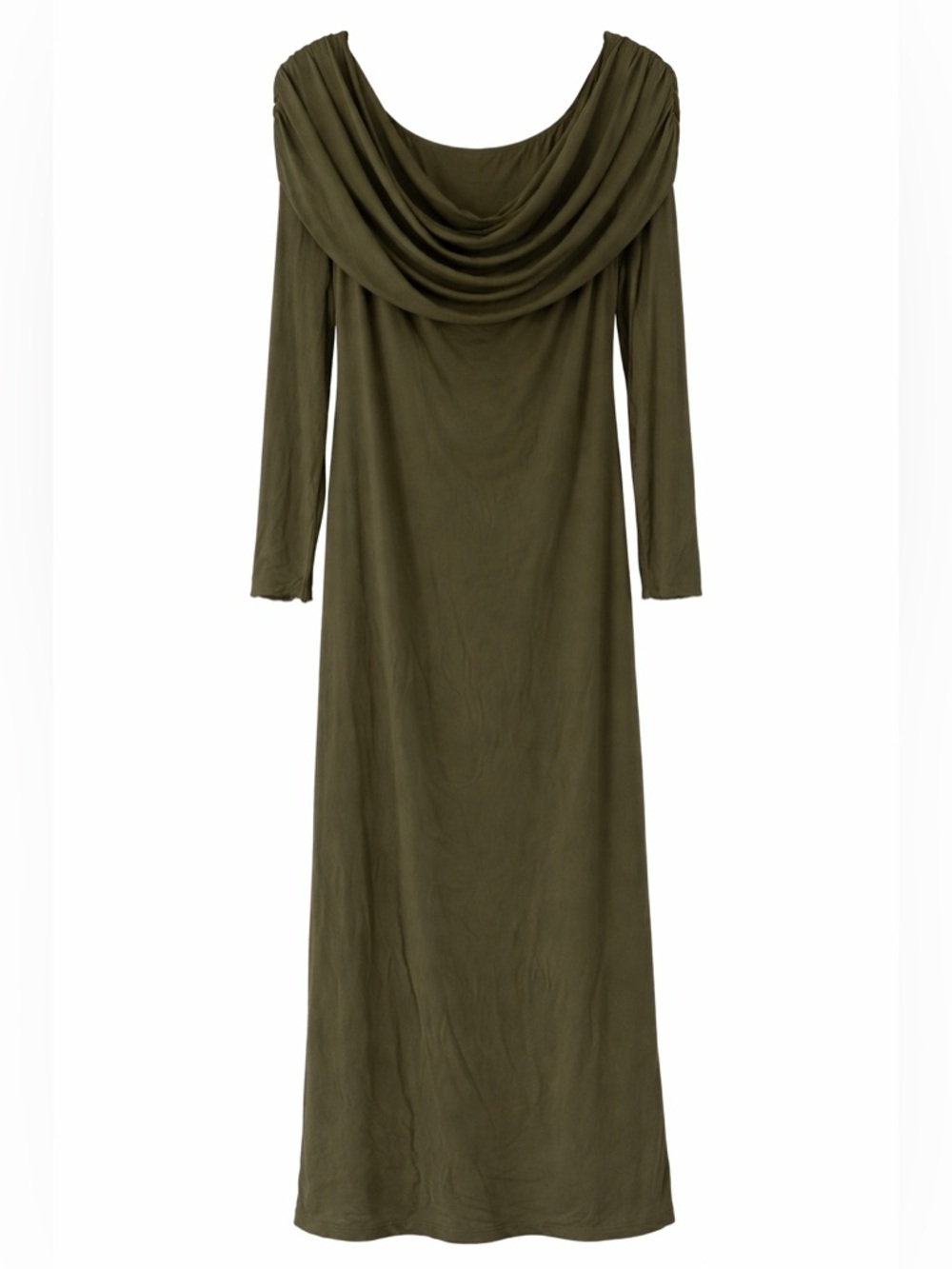 PrettyGarden Olive Green Cowl Neck Maxi Dress L Sheer Sleeve Elegant NWT